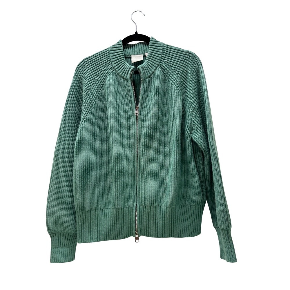 Varley Green Ribbed Knit Zip Up Cardigan Sweater Mock Neck Raglan Sleeve Small